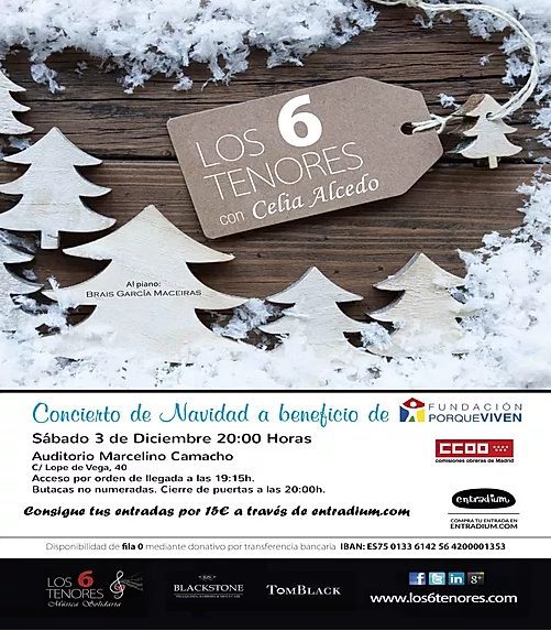 Cartel del concierto benéfico navideño de Los 6 Tenores y Celia Alcedo el 3 de diciembre, apoyando a y ; fondo invernal con árboles de papel, copos de nieve, logotipos y detalles del evento