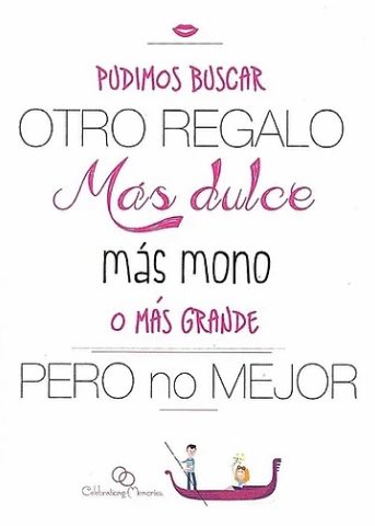 Texto en blanco sobre fondo blanco con tipografía rosa y negra: "En , elegimos el mejor regalo: acompañar a quienes más lo necesitan." Ilustración pequeña de dos personas en un barco al pie