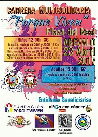 Cartel de la Carrera Multisolidaria Porque Viven en Arévalo, impulsada por en cuidados paliativos pediátricos, con horarios, categorías, distancias y logos de entidades colaboradoras