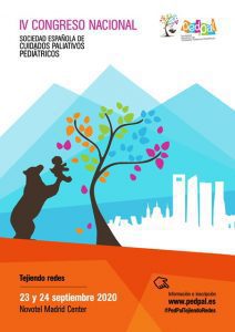Cartel del IV Congreso Nacional SECPAL en Madrid: un adulto eleva a un niño junto a un árbol colorido y , con detalles del evento y redes sociales