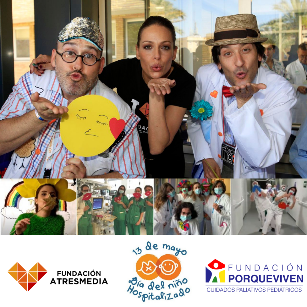 En Madrid, dos payasos y una persona saludan a la cámara junto a imágenes de niños atendidos