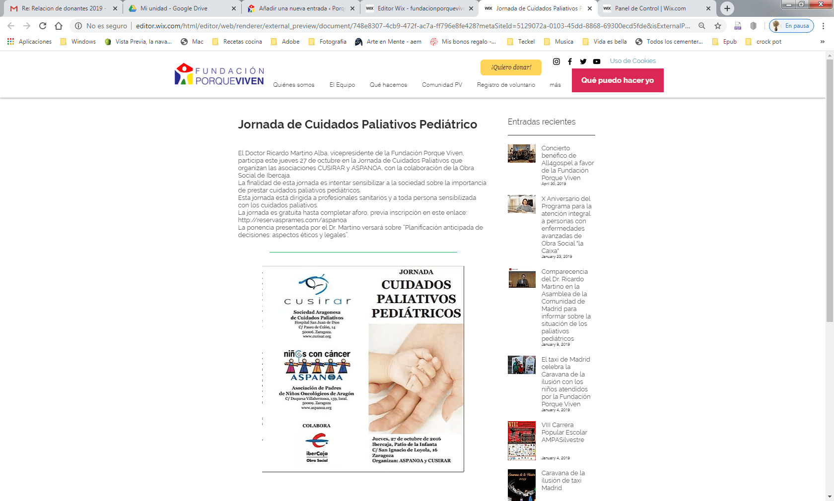 Captura de pantalla de la web sobre un evento de ; destaca un cartel con manos adultas sosteniendo una mano infantil y texto informativo en español, junto al menú y artículos recientes