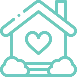 Contorno sencillo de una casa con chimenea y un corazón en el centro, en líneas azul-verdosas, símbolo Fundación porqueViven y su labor humana