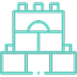 Ilustración en línea color teal de un bloque infantil, símbolo del apoyo y cuidado integral