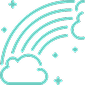 Dibujo lineal en color teal de un arcoíris entre dos nubes y destellos, símbolo de esperanza Fundación porqueViven